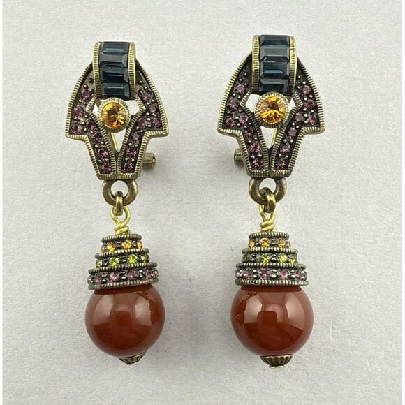 Heidi Daus Earrings Art Deco Carnelian Dangle Drop Multicolor Omega Back Pierce - Picture 1 of 9